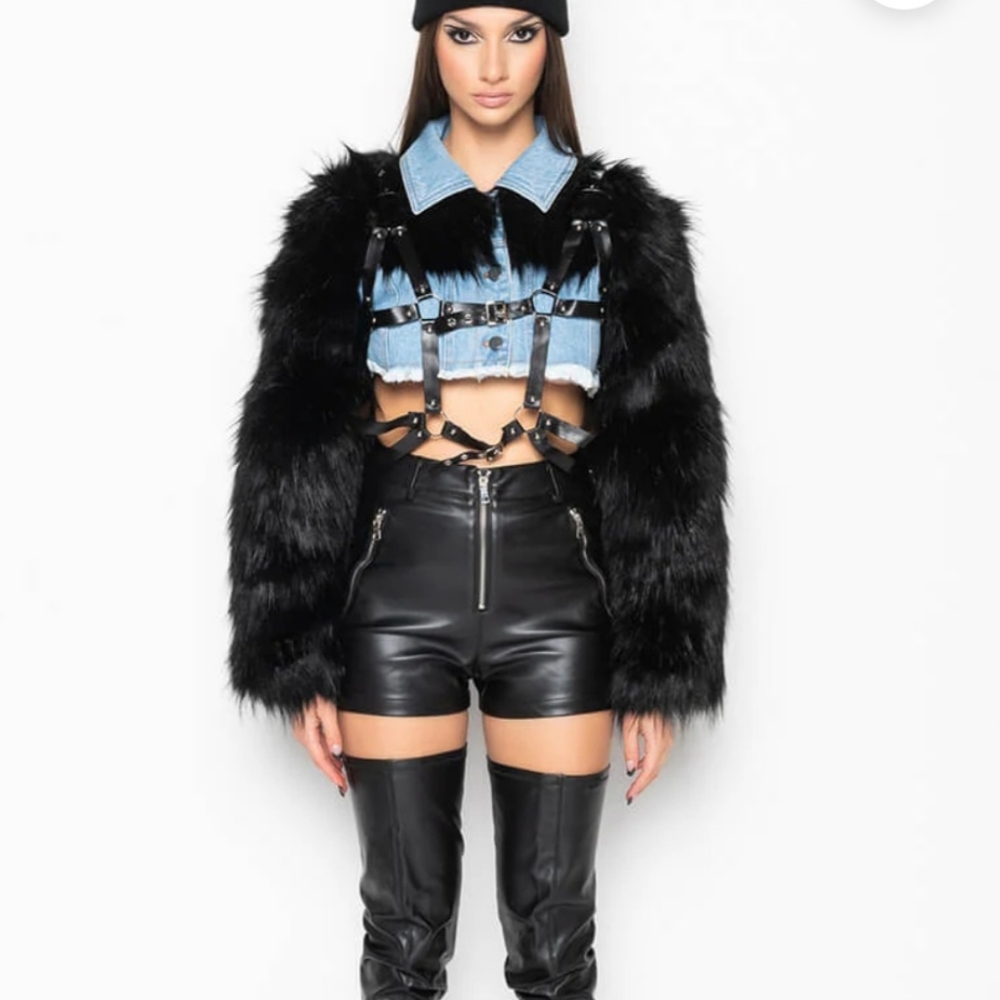 AKIRA Matrix Harness Denim Jacket with Fur Arms Sz S